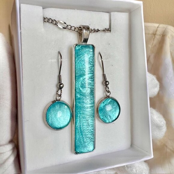 Blue Necklace & Earring Gift Set, Handmade Blue Jewelry, Stainless Steel, Glass - Picture 6 of 9